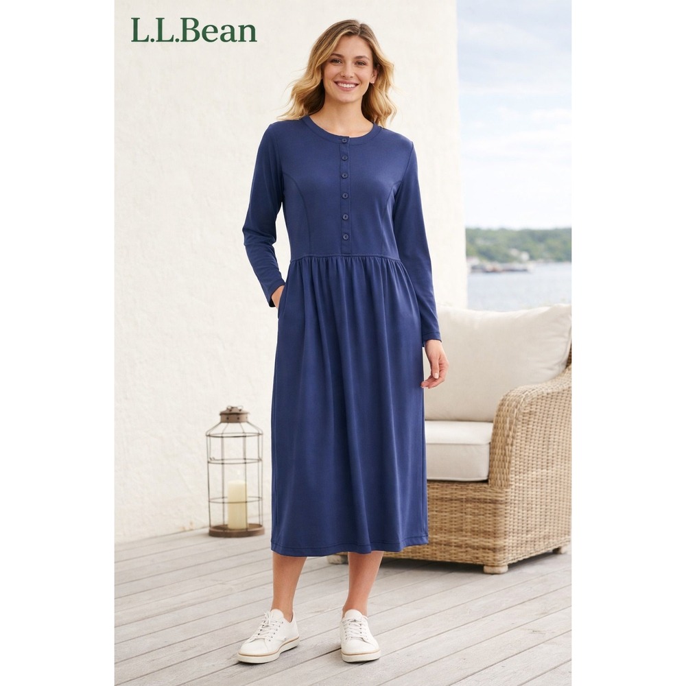L.L.Bean Dress‎ Womens Petite Medium Blue Long Sleeve Knit Fit Flare Jersey